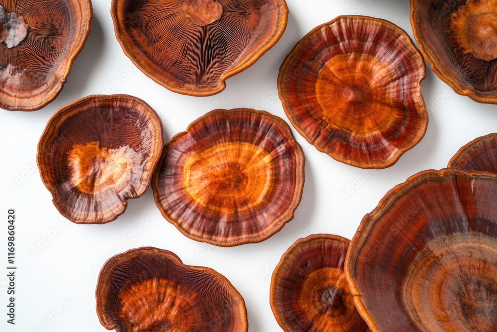 Poster close up of multiple dried brown mushrooms with intricate patterns on top against a white background