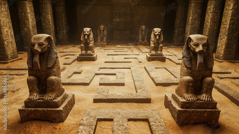 Poster intricate egyptian labyrinth with statues and detailed patterns in a mysterious setting