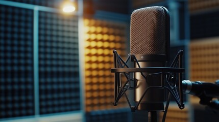 Asian woman recording audio in professional studio setting with soundproof walls and high-quality microphone for podcasting and voiceover work