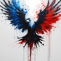 Naklejka premium An abstract painting of a powerful bald eagle infused with the colors of the United States flag, dynamically composed with red and blue splashes, old oak textures, paint drips, bold brush strokes.