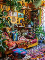 Vibrant space filled with couch, pillows, rugs, plants, wall hangings and ethnic decorations.