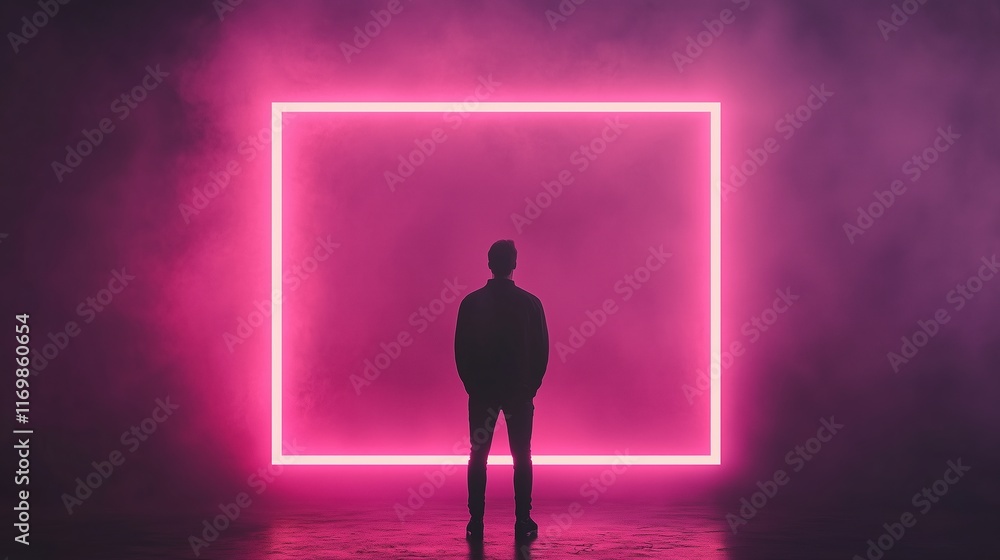 Poster neon pink glowing rectangle frame with silhouette on dark background for futuristic design and moder