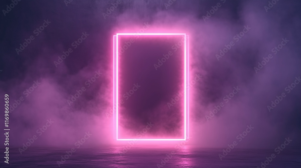 Poster neon rectangle frame with shining effect in dark background, illuminated pink glow in misty atmosphe