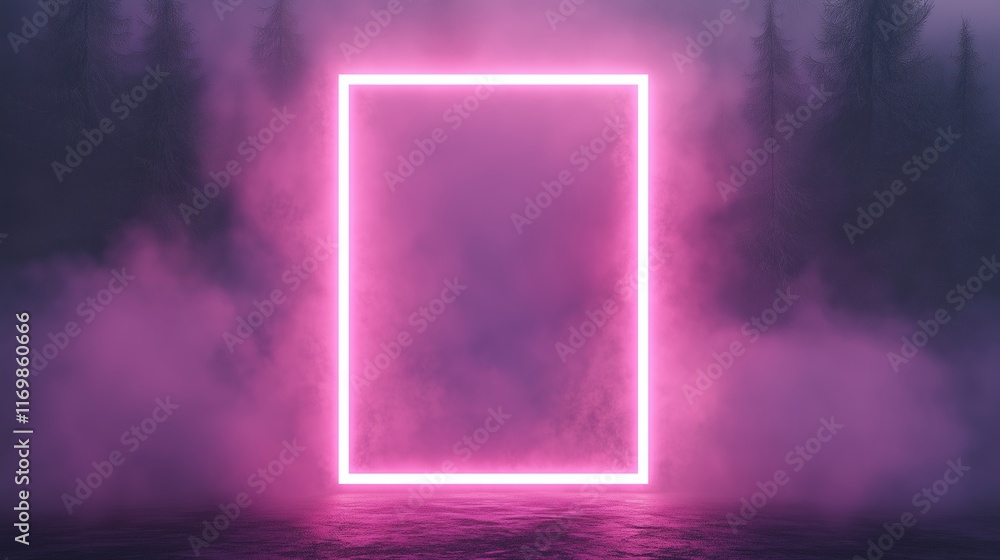 Poster glowing neon rectangle frame in dark misty forest perfect for futuristic and surreal themes in moder