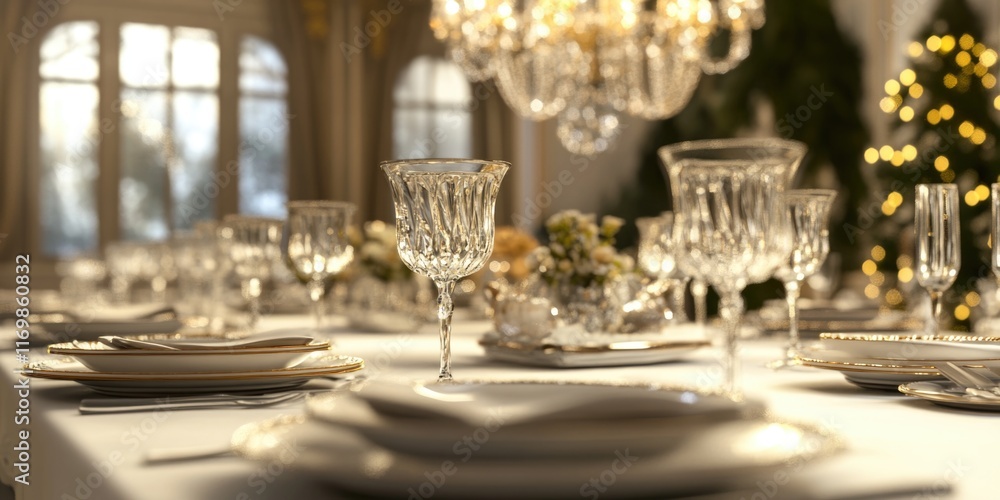 Poster formal event setup featuring crystal and silverware on an elegant dining table.