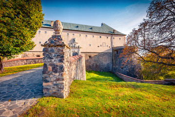 Fototapeta premium Exciting autumn voew of Red Stone Castle (Cerveny Kamen Castle). Wonderful morning cityscape of Píla village, Slovakia, Europe. Traveling concept background.