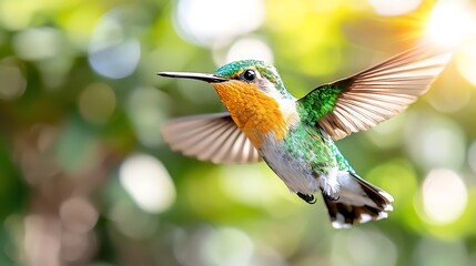 Fototapeta premium A vibrant hummingbird in flight, wings outstretched, against a bokeh background of green foliage and sunlight.
