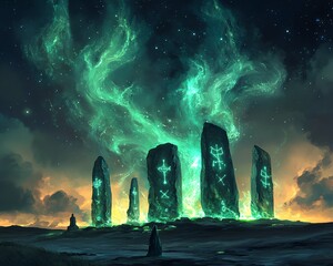 A lone figure stands before five ancient stone pillars glowing with green energy under a magical aurora borealis.