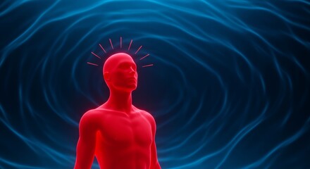 Red Silhouette Standing Amid Radiating Light with Abstract Energy Flow