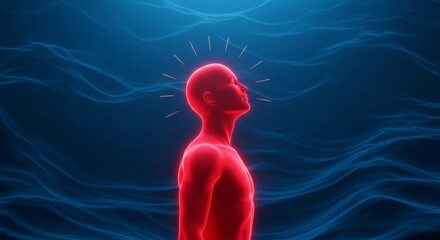 Glowing Red Silhouette with Radiating Energy on Dynamic Blue Background