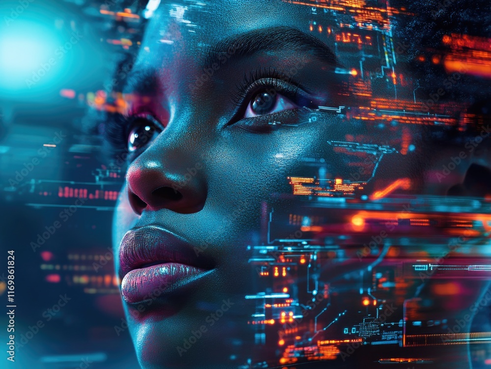 Poster the image showcases a person with futuristic technology overlaying their features, representing inno
