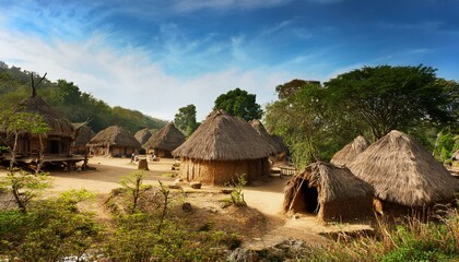 古代の人類が暮らした住居や集落をイメージしたイラスト。,AIで生成