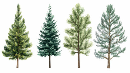 Fototapeta premium Set of spruce picea abies and pungens colorado blue green fir evergreen pinaceae needled tree isolated png medium and small on a transparent background perfectly cutout. Evergreen. Illustration