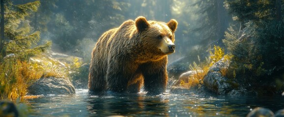 Majestic Brown Bear in Tranquil Forest Stream