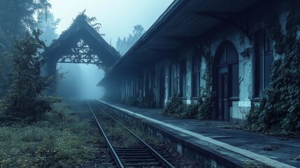 Abandoned train station at dusk, overgrown with vines and fog