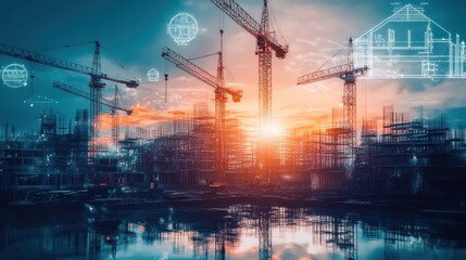 Construction Site at Sunset with Cranes and Icons