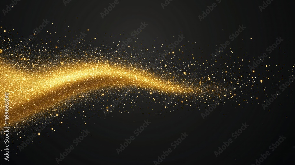 Aufkleber gold sparkle and glitter dust effect on dark background with flowing wave of shimmering light partic
