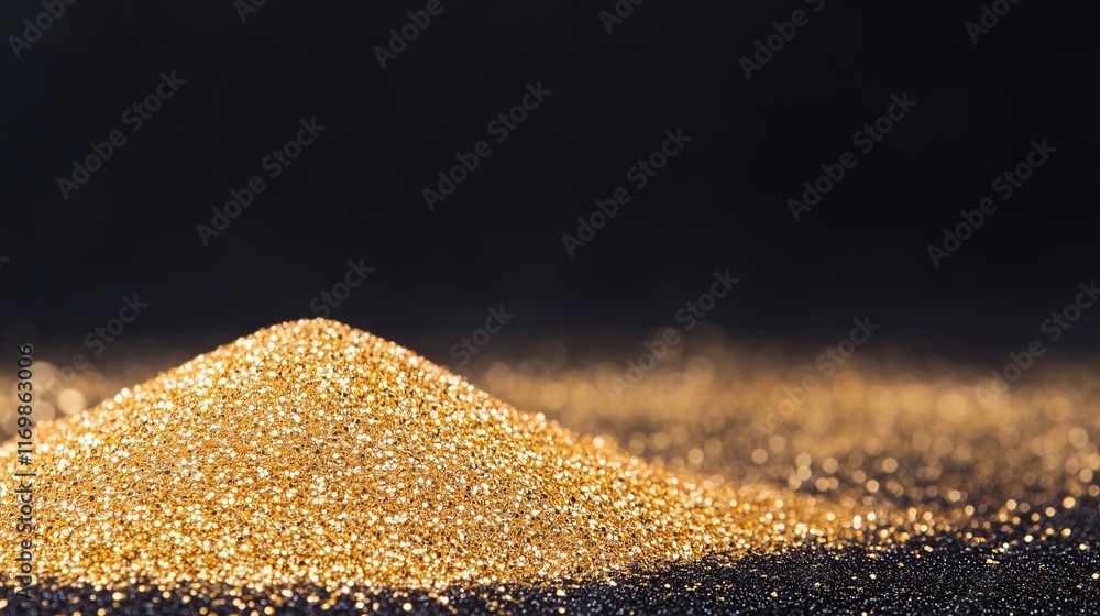 Poster golden glitter particles scattered across dark background with soft focus highlighting texture and e