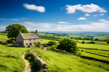 Obraz premium Tranquil Green Splendor: The Quintessential British Countryside with Traditional Cottage