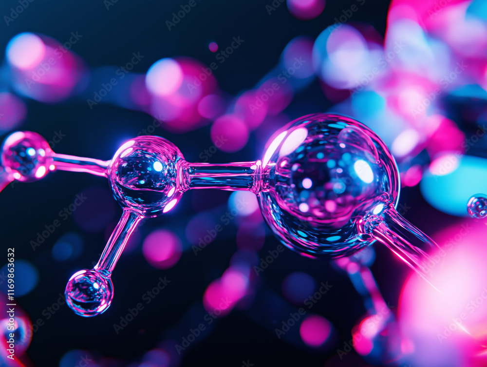 Poster abstract visualization of molecular structures with glowing pink and blue particles connected by tra