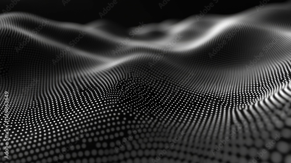Poster black and white image of a wave with many dots. the image has a futuristic and abstract feel to it