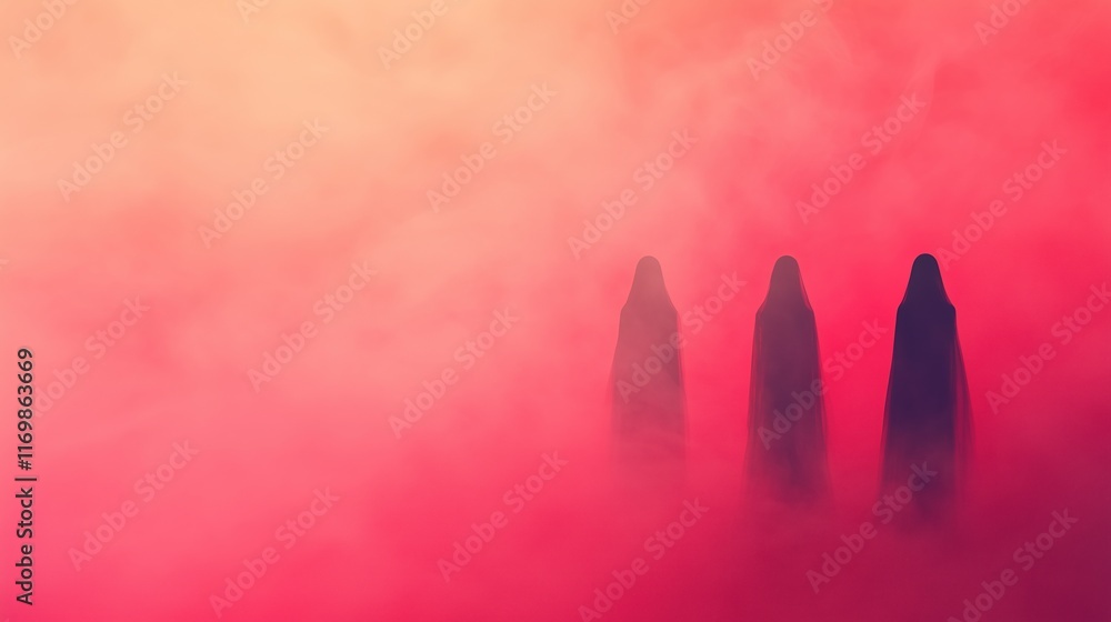 Poster three shadowy figures in dark veils standing in pink and orange mist. mysterious atmospheric scene w