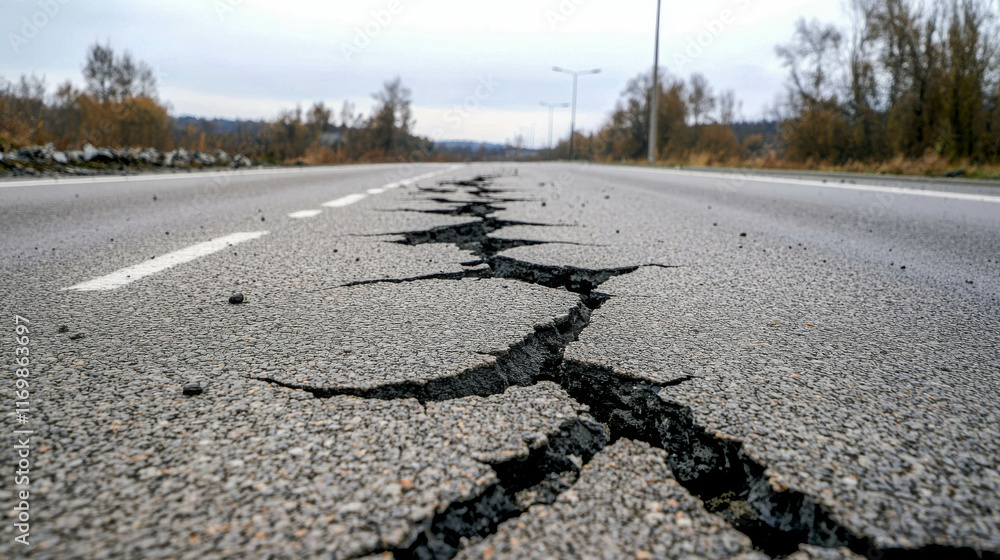 Poster close-up view of damaged asphalt showing multiple cracks and surface degradation