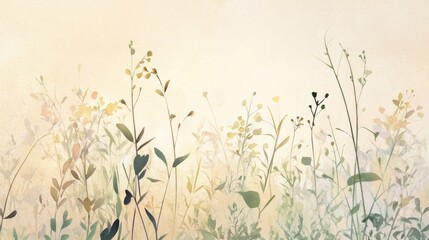 Soft, dreamy illustration of wildflowers and grasses in a field at sunrise or sunset, with a pastel color palette and textured background.