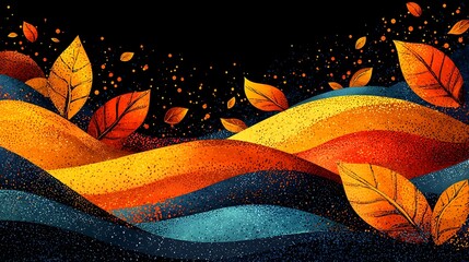 Abstract autumnal landscape with flowing waves of orange, yellow, and blue, adorned with falling leaves on a dark background.