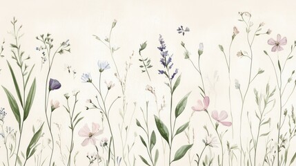 Soft pastel watercolor wildflowers meadow, delicate floral background, botanical illustration.