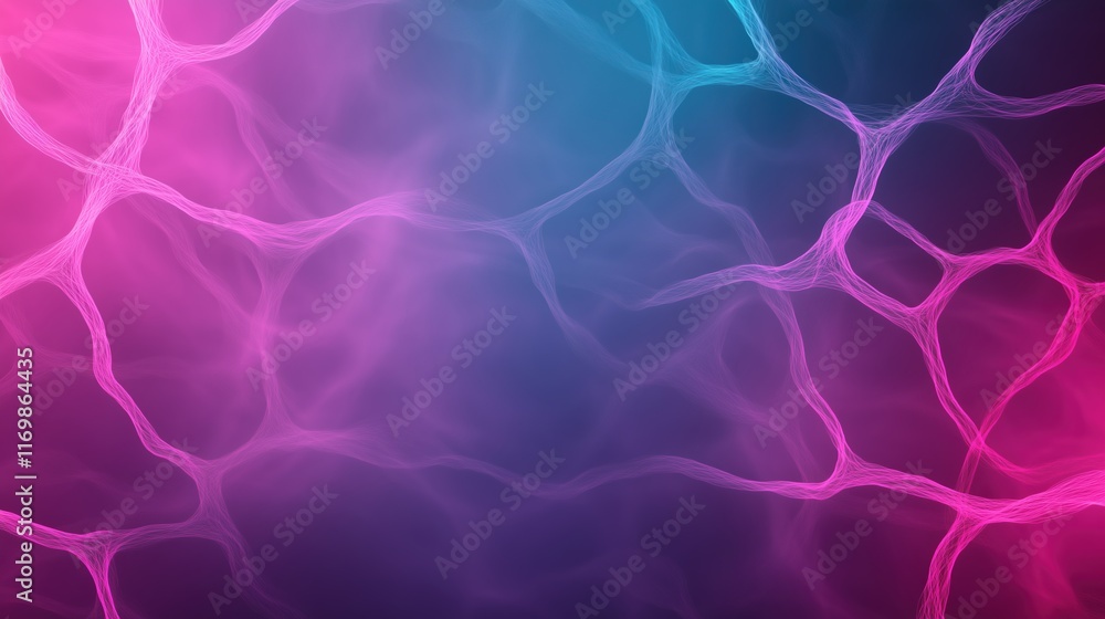 Poster abstract glowing neon neural network in pink and blue hues, futuristic digital art background with n