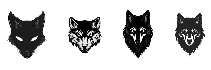 Fototapeta premium Set of four stylized wolf heads with distinct features and expressions.