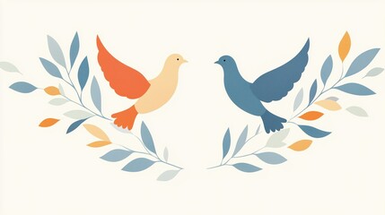Fototapeta premium Abstract Doves with Olive Branches Symbolizing Peace in Soft Pastel Colors for International Day of Peace, Minimalist Design with Orange and Blue Tones, Ideal for Tranquil Themed Illustrations