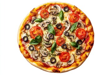 Pizza with mozzarella cheese, sliced mushrooms, sun-dried tomatoes and basil leaves.