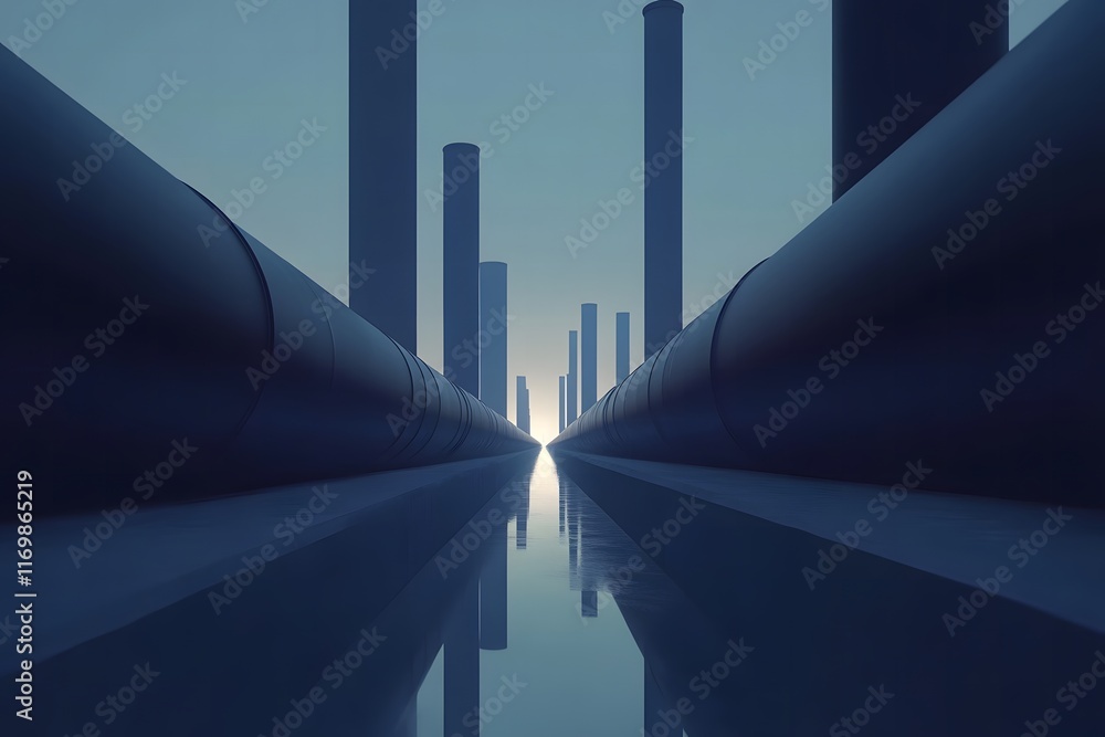 Poster serene industrial landscape with tall columns and reflective waterway capturing a tranquil moment in