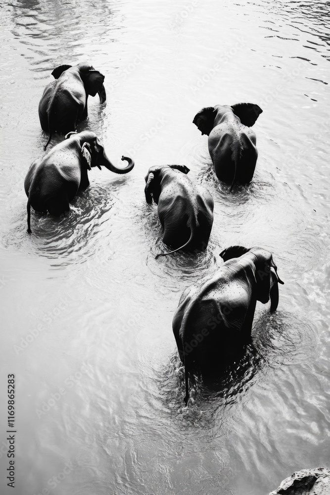 Poster group of elephants are walking through a river. the elephants are all different sizes and are all in