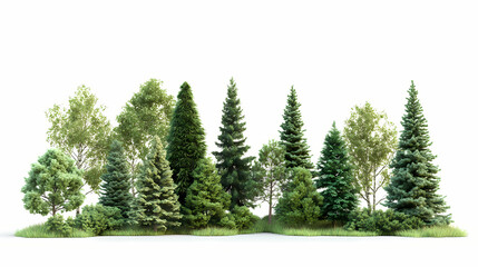 Green evergreen trees such as fir pine and spruce in a treeline on a white background. Evergreen. Illustration