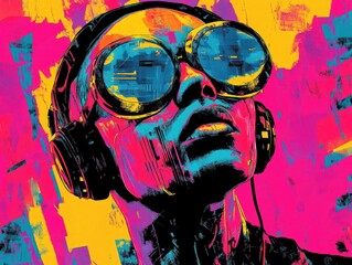 Abstract and colorful portrait of a music lover wearing headphones, with an urban vibe. A stylized image in modern art fashion.
