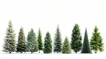 Green evergreen trees such as fir pine and spruce in a treeline on a white background. Evergreen. Illustration