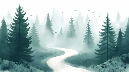 Fototapeta premium Misty forest path winding through evergreen trees. Evergreen. Illustration