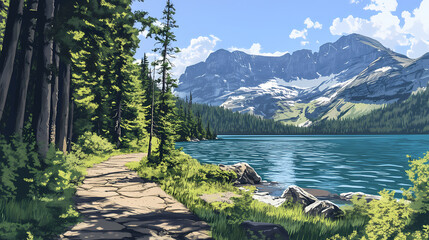 Montana trail - spring mountain trail at lake josephine in glacier national park. Evergreen. Illustration