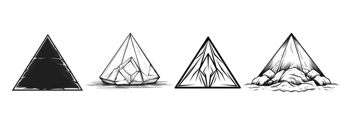 Stylized artistic representation of four geometric pyramids in contrasting textures.