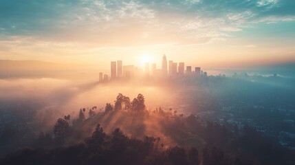 Fototapeta premium Vibrant Sunrise Over City Skyline with Haze