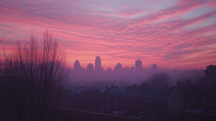 Obraz premium Vibrant Sunrise Over Hazy City Skyline