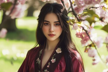 Naklejka premium A beautiful young woman with long hair in dark red traditional Chinese attire stands under cherry blossoms.