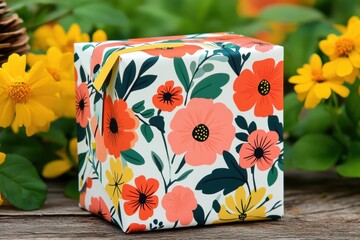 A gift box wrapped in colorful floral paper sits on a wooden surface, surrounded by vibrant yellow flowers.