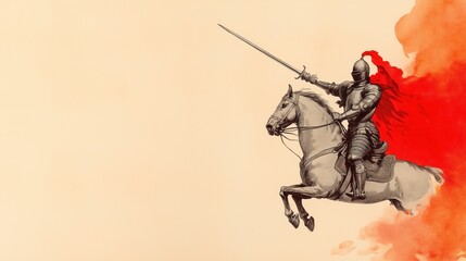 Fototapeta premium Medieval Knight in Full Armor Riding Rearing Horse with Sword in Hand Against Fiery Backdrop, Mythical Battle Scene, Historical Fantasy Illustration for Epic Adventures and Storytelling