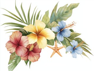 Tropical floral watercolor arrangement beach setting art print