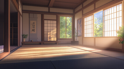 モダンアートな日本庭園が見える、広々とした美しいスペース。大きな窓から柔らかな光が差し込む印象的でアートな空間。在宅仕事、オンラインセミナー、Zoom、打ち合わせ、SNS、動画の背景としてお使いいただけます。