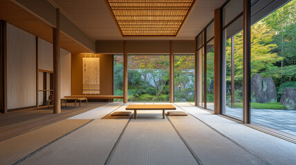 Obraz premium モダンアートな日本庭園が見える、広々とした美しいスペース。大きな窓から柔らかな光が差し込む印象的でアートな空間。在宅仕事、オンラインセミナー、Zoom、打ち合わせ、SNS、動画の背景としてお使いいただけます。